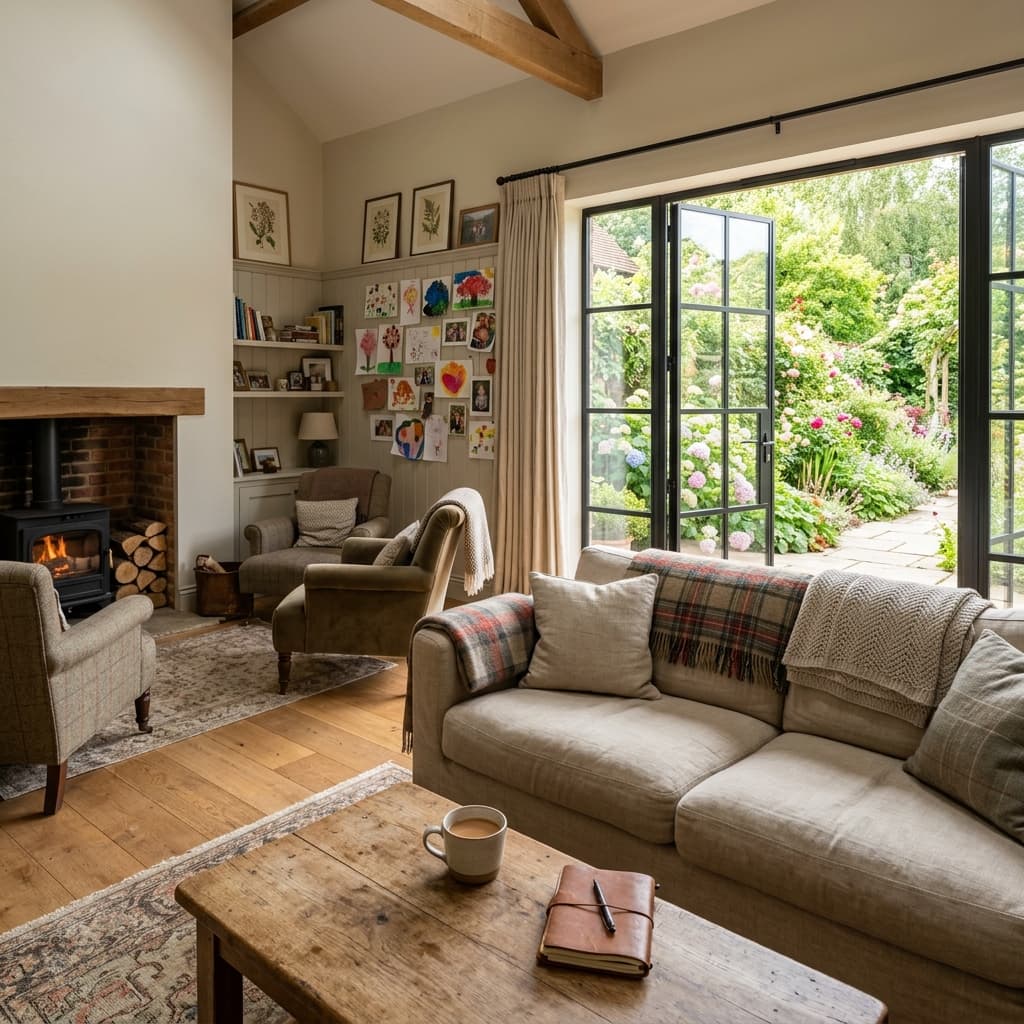 Warm sunlit British family home environment opening to an English garden