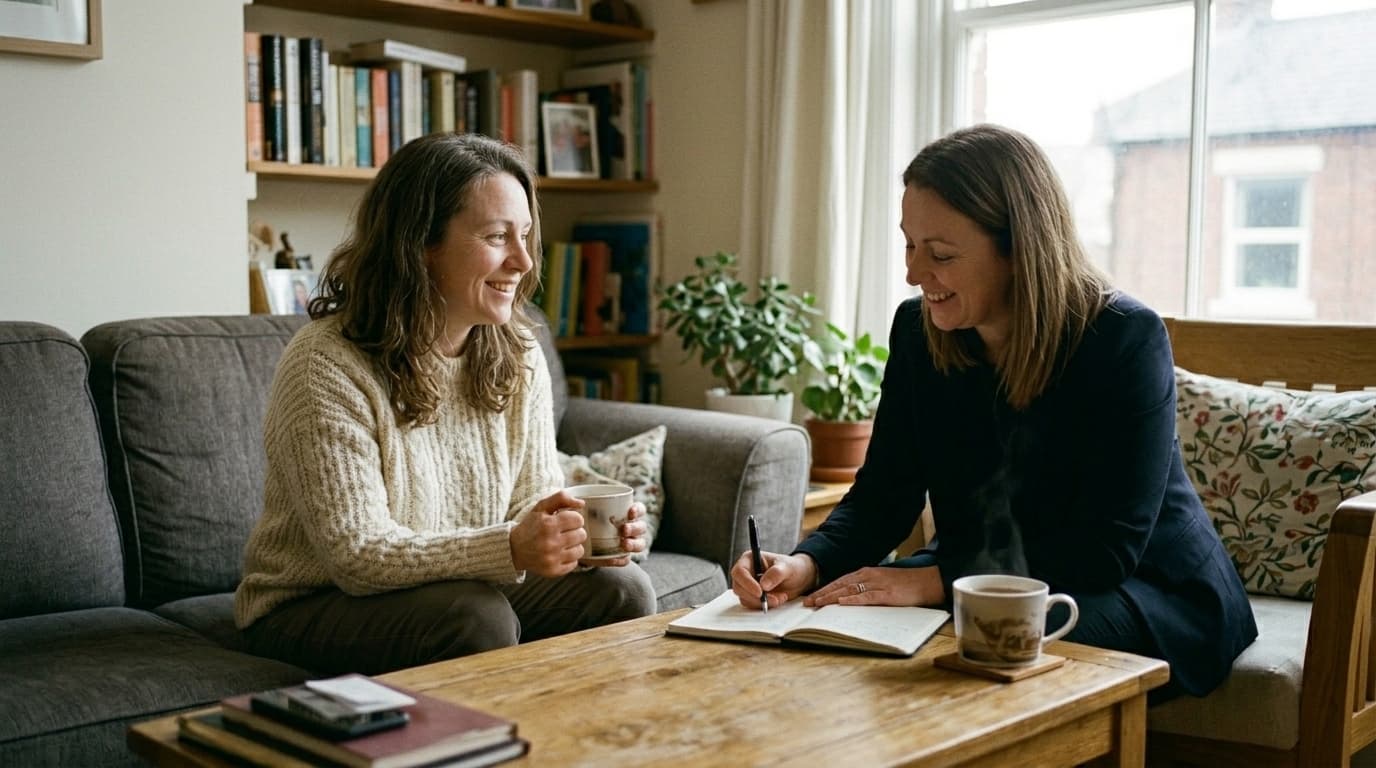 Emma having a supportive home visit with a fostering social worker