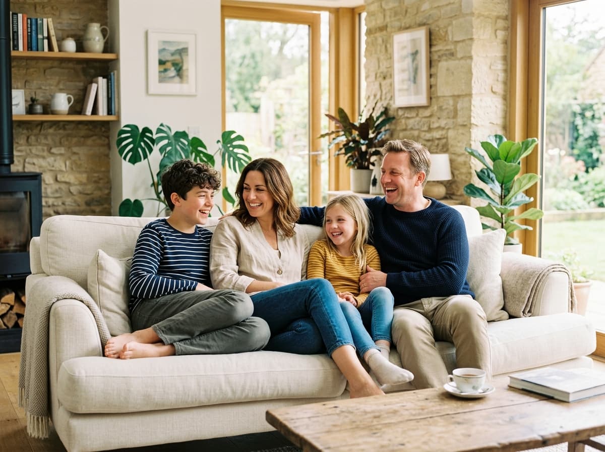 A warm, bright British family relaxing together in a sunlit living room