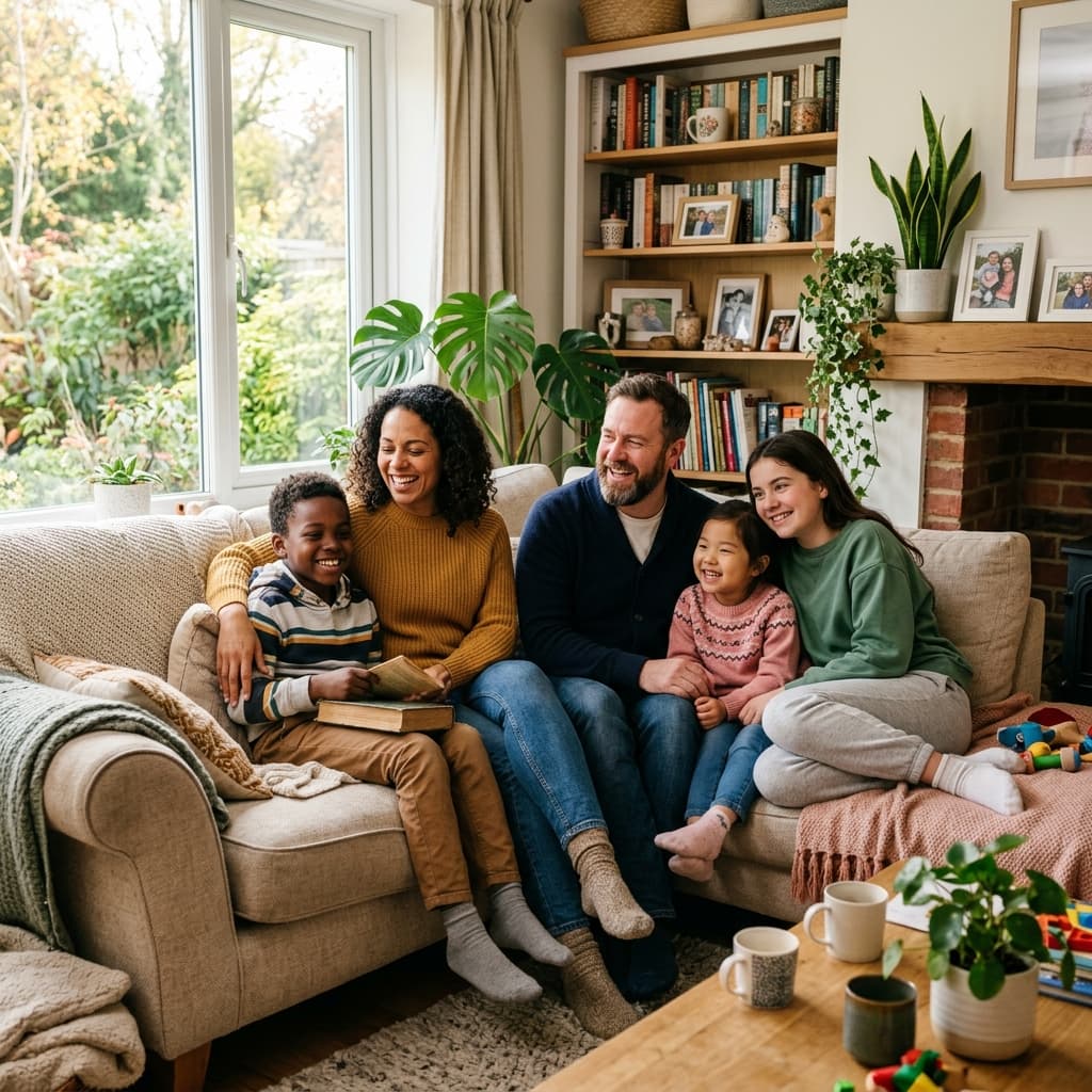 Diverse British foster family in sunlit UK living room